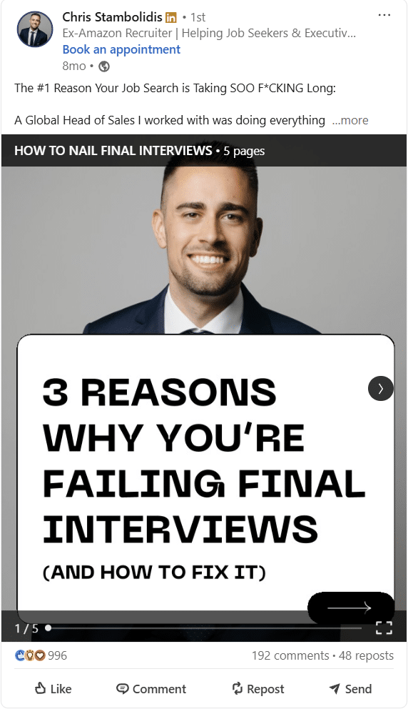 A bold, attention-grabbing LinkedIn post graphic with the headline “The #1 Reason Your Job Search is Taking SOO F*CKING Long.” The text tells the story of a Global Head of Sales struggling to land a job despite having a strong resume, many interviews, and 20+ years of experience. The narrative highlights the core issue — not closing the deal during interviews — with key phrases like “It’s about WINNING them” emphasized for impact. The layout is clean and professional, using bold typography and a minimal background to convey urgency and insight.