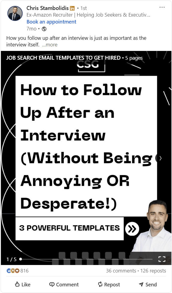 A professional LinkedIn post graphic titled “How you follow up after an interview is just as important as the interview itself.” The image features concise text explaining why strong post-interview follow-up matters in today’s slow and uncertain job market. It emphasizes that job seekers must remind decision-makers of their value and that a good follow-up can reignite opportunities. The post promotes three practical follow-up email templates designed to help candidates re-engage after interviews or silence. The overall design is clean, motivational, and business-oriented, with bold typography and a minimalist layout.