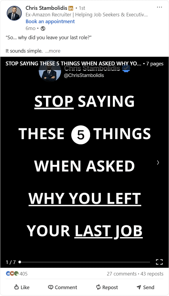 A clean, professional LinkedIn post graphic featuring the headline “So… why did you leave your last role?” in bold text. The post explains that this common interview question often hurts candidates not because they lie, but because they overshare or say things that raise concerns. It advises job seekers to avoid five common mistakes and to frame their answers around future goals rather than past issues. The design is minimal and modern, with key phrases like “Make it about the future NOT just the past” highlighted for emphasis.