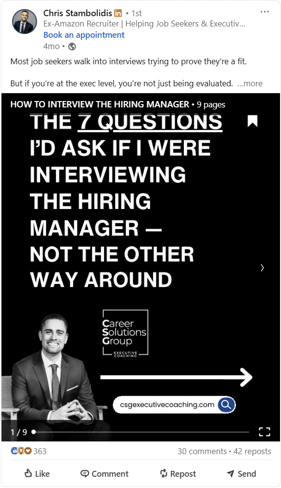 A professional LinkedIn post graphic with the headline “Most job seekers walk into interviews trying to prove they’re a fit.” The post reframes the executive interview mindset, emphasizing that senior candidates should also evaluate the company. It highlights that the biggest career risk isn’t a weak resume, but accepting the wrong job. The text underscores that by final interview rounds, strong questions matter more than polished answers and encourages executives to strategically assess culture, leadership, and expectations. The layout is clean and modern, with key sentences bolded for clarity and impact.
